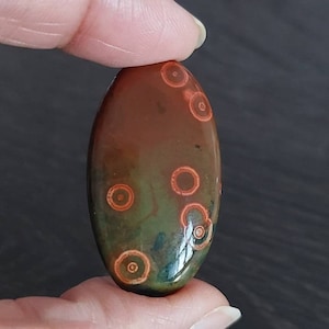May include: A polished oval-shaped stone with a green and brown base and red and orange concentric circles.