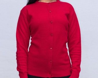 Deep Red Crew Neck Cashmere Cardigan Sweater For Women