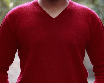 Red Cashmere V-neck Pullover Sweater For Men, Men's Cashmere Sweater, Men's Woolen Sweater, Men's Pullover, Gift for Boyfriend