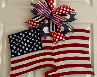 Hand painted America flag door hanger with cut out stars | Patriotic decor