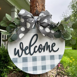 Welcome Gray and White Buffalo Plaid   Doorhanger or Farmhouse Sign | Summer Home Decor