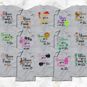 May include: Twelve gray t-shirts with different cartoon characters and the text "You've got a Friend in Me." printed on them.