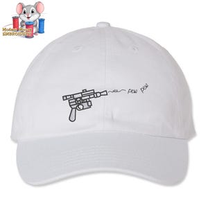 May include: White baseball cap with a black embroidered image of a blaster and the text "pew pew" on the front.