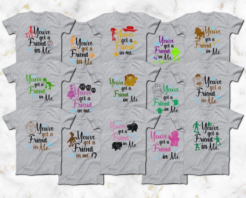 May include: Twelve gray t-shirts with different cartoon characters and the text "You've got a Friend in Me." printed on them.