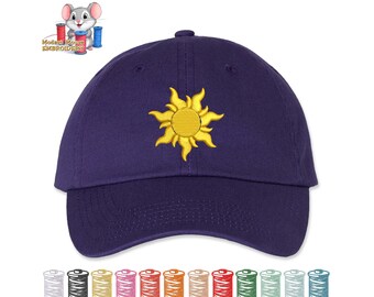 Tangled Sun Embroidered Dad Hat, Rapunzel Hat, Adjustable Adult & Youth Sizes, Variety of Cap and 80 Stitch Colors, Low Profile Hat