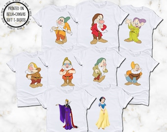 Seven Dwarfs Costume T-Shirts, Grumpy, Happy, Bashful, Doc, Sneezy, Sleepy, Dopey, Snow White, Evil Queen, Disney Group T-Shirts