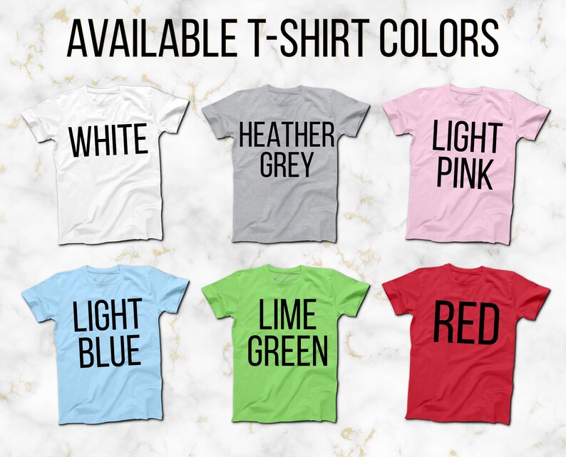 May include: Six t-shirts in different colours, showing the available colours for purchase. The colours are white, heather grey, light pink, light blue, lime green, and red.
