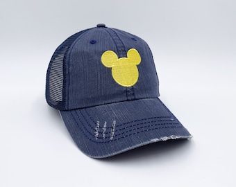 Mickey Head Embroidered Trucker Cap, Distressed Mesh Back Hat, Mickey Mouse Silhouette, Navy Mesh Cap with Yellow Stitching