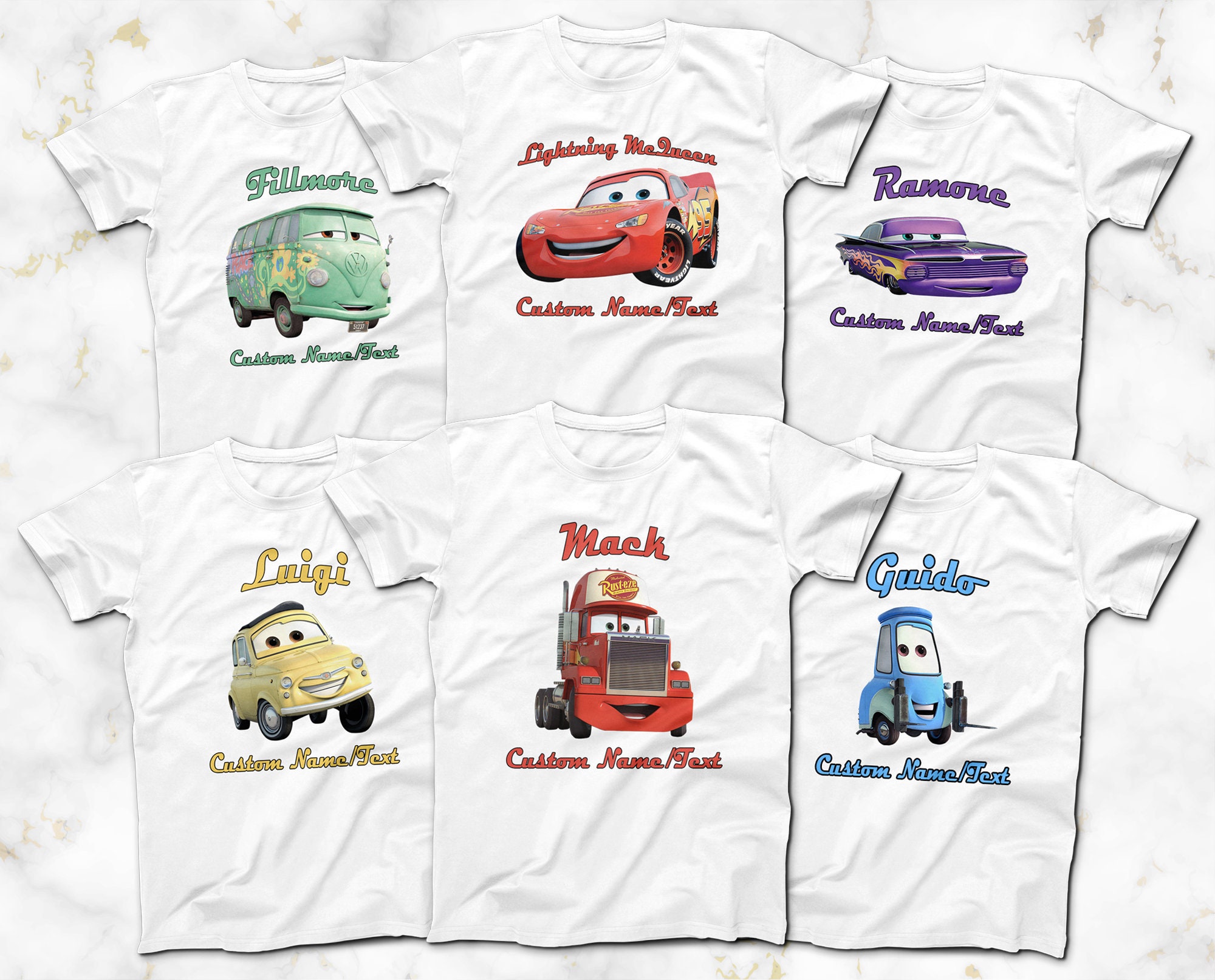 CARS Personajes con camisetas de texto Fillmore Lightning McQueen Ramone Luigi Mack Guido camisetas personalizadas Etsy Mexico