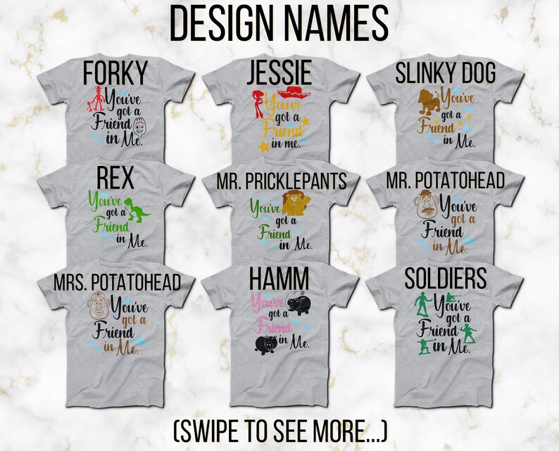 May include: A set of nine grey t-shirts featuring different characters from the Toy Story movie franchise. Each shirt has a different character and the text "You've got a friend in me."