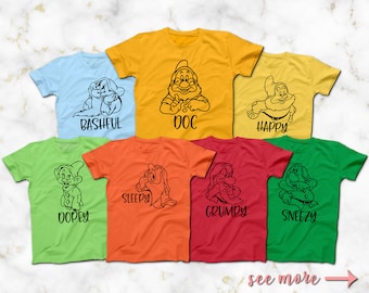 7 Dwarfs Costume T-Shirts, Bashful, Doc, Happy, Dopey, Sleepy, Grumpy, Sneezy, Disney Snow White and the 7 Dwarfs T-Shirts, Disney Squad