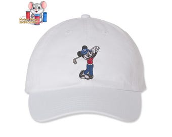 Mickey Mouse Playing Golf Embroidered Dad Hat, Adjustable Adult & Youth Sizes, Variety of Cap Colors, Low Profile  Cap