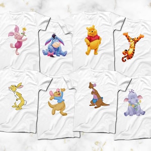 Winnie Pooh and Friends Character Print T-Shirts, Full Image Print on White T-Shirts, Piglet Eeyore Tigger Rabbit Roo Kanga Heffalump Tees