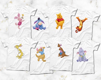 Winnie Pooh and Friends Character Print T-Shirts, Full Image Print on White T-Shirts, Piglet Eeyore Tigger Rabbit Roo Kanga Heffalump Tees