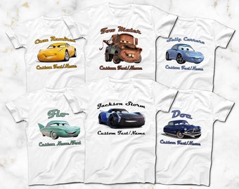 CARS Characters with Text T-Shirts, Cruz, Mater, Sally, Flo, Jackson Storm, Doc Custom T-Shirts