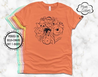Winnie the Pooh and Friends T-Shirt, Printed on Bella Canvas T-Shirts, Pooh, Piglet, Eeyore, Tigger Outline Print, Adult Unisex Sizes