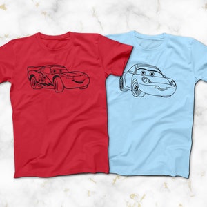 Cars Lightning McQueen and Sally Carrera T-Shirt, Lightning McQueen 95 Outline Tee, Disney Cars Toons T-Shirt