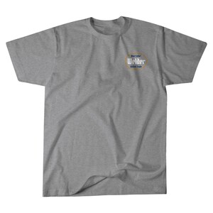 May include: A heather gray t-shirt with a blue and gold logo that reads "Blue Collar Welder Skilled Trade".