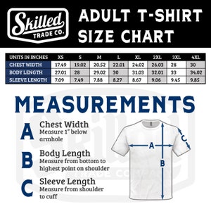May include: Adult T-shirt size chart in inches. The chart shows chest width, body length, and sleeve length measurements for sizes XS to 4XL.