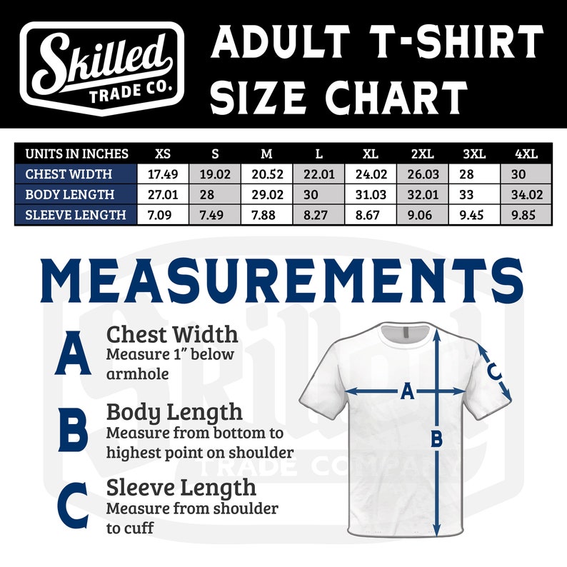 May include: Adult T-shirt size chart in inches. The chart shows chest width, body length, and sleeve length measurements for sizes XS to 4XL.