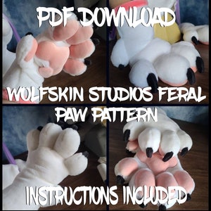 May include: Four close-up images of a white and pink furry paw pattern for a feral animal. The text "PDF DOWNLOAD", "Wolfskin Studios Feral Paw Pattern", and "Instructions Included" are visible in the image.