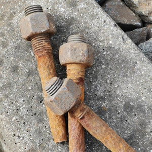 Vintage large railroad bolt, SET of 2 rusted screws, metalcraft supplies, old railroad spikes, railways vintage bolts.