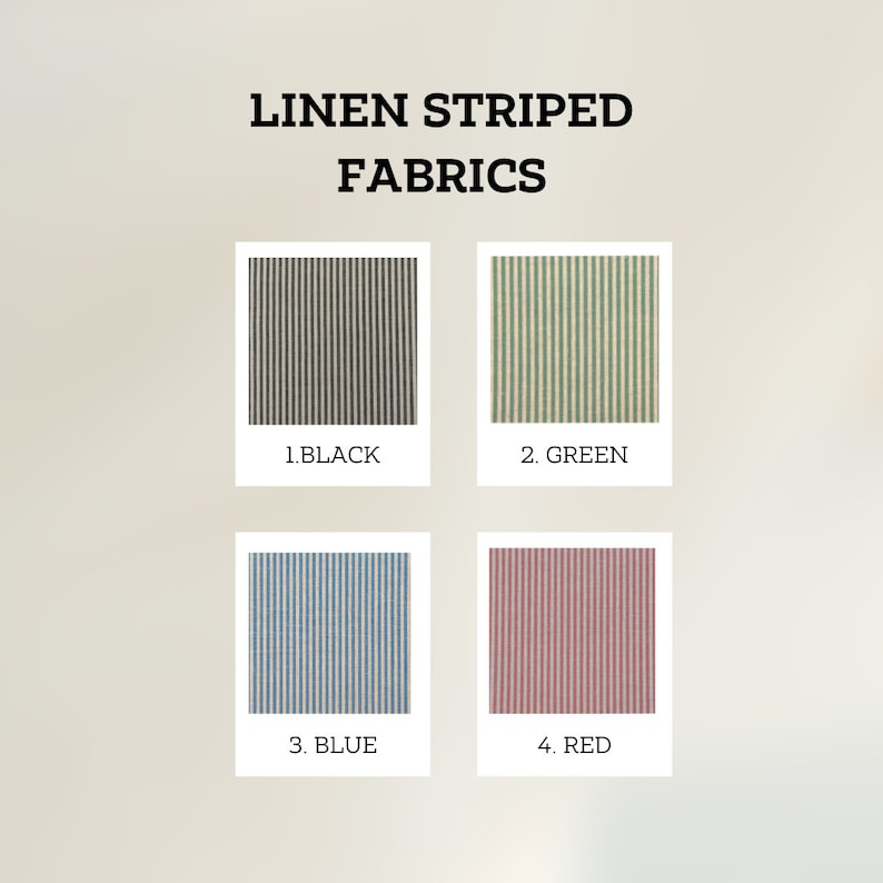 May include: Four samples of linen fabric with different colored stripes. The samples are labeled 1. Black, 2. Green, 3. Blue, and 4. Red.