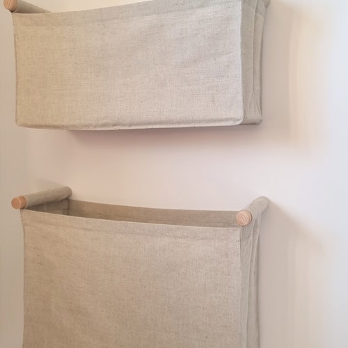 Linen Wall Organizer: Hanging Storage Basket with Wood Hooks