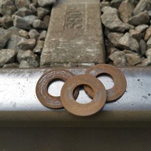 Rusty washer SET of 10, rusted railroad iron, rustic decoration, old railroad spikes, railroad  bolts, corrosion patina washer.
