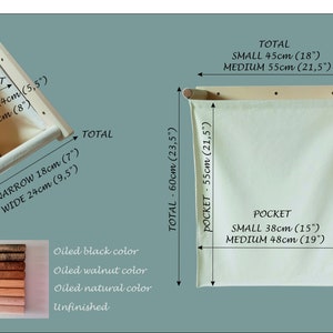 May include: A white wooden drawer with a fabric pocket inside. The drawer is labeled "POCKET" and has measurements in inches and centimeters. The fabric pocket is labeled "TOTAL" and has measurements in inches and centimeters. The drawer is available in oiled black, oiled walnut, oiled natural, and unfinished colors.