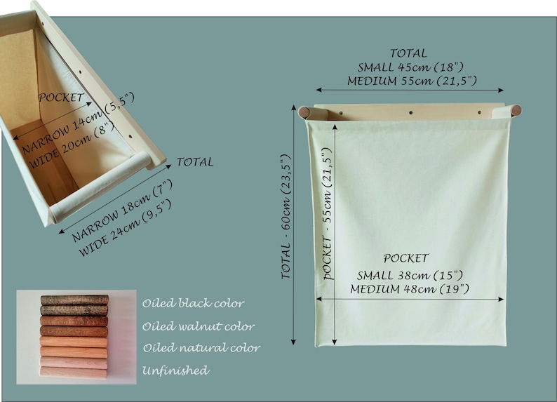 May include: A white wooden drawer with a fabric pocket inside. The drawer is labeled "POCKET" and has measurements in inches and centimeters. The fabric pocket is labeled "TOTAL" and has measurements in inches and centimeters. The drawer is available in oiled black, oiled walnut, oiled natural, and unfinished colors.