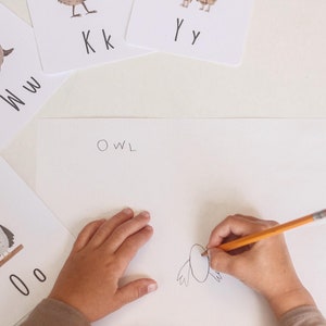 Puede incluir: Una mano de ni&ntilde;o dibuja un b&uacute;ho en una hoja de papel blanca. La palabra "OWL" est&aacute; escrita encima del dibujo. Hay varias tarjetas de letras en la mesa, incluida una tarjeta con un b&uacute;ho y la letra "O".