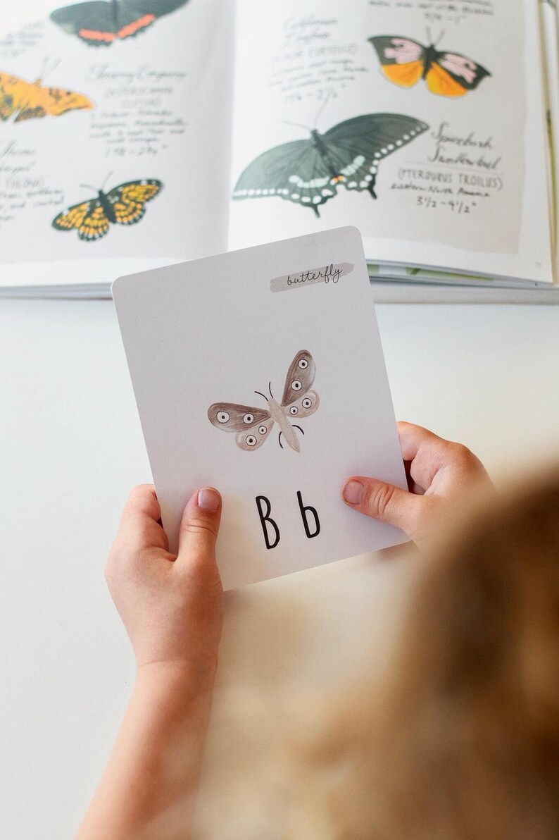 Puede incluir: Una tarjeta blanca con una ilustraci&oacute;n de mariposa marr&oacute;n y las letras "Bb" escritas en negro. La tarjeta tiene la palabra "mariposa" escrita en un rect&aacute;ngulo marr&oacute;n claro en la parte superior.