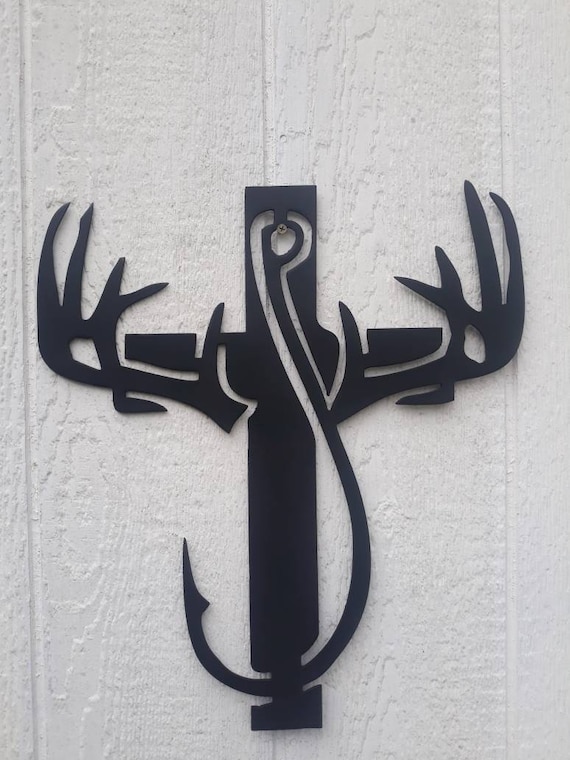 Metal deer antler cross with fishing hook