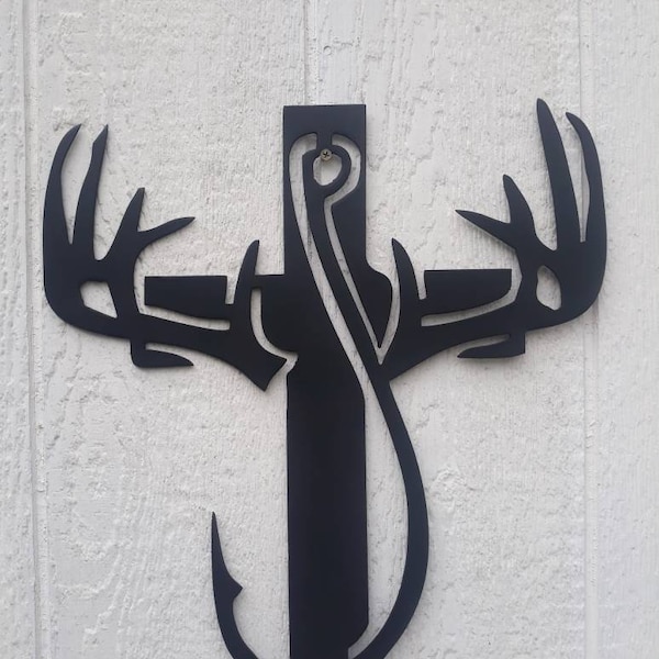 Metal deer antler cross with fishing hook