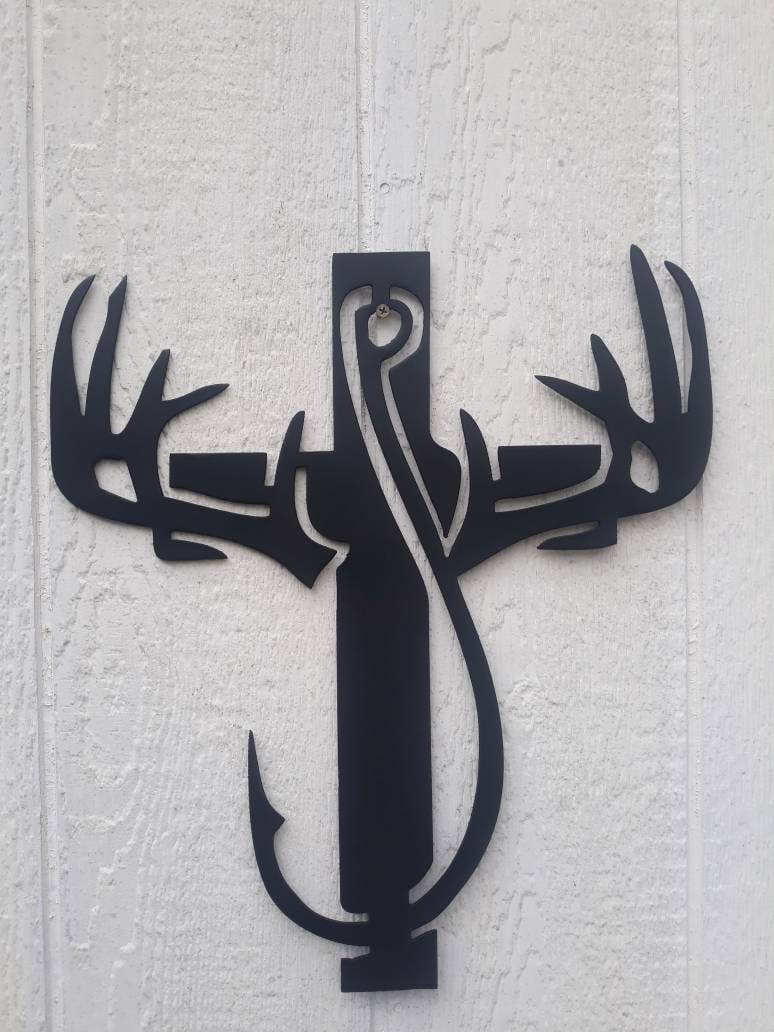 Metal Deer Antler Cross With Fishing Hook Etsy