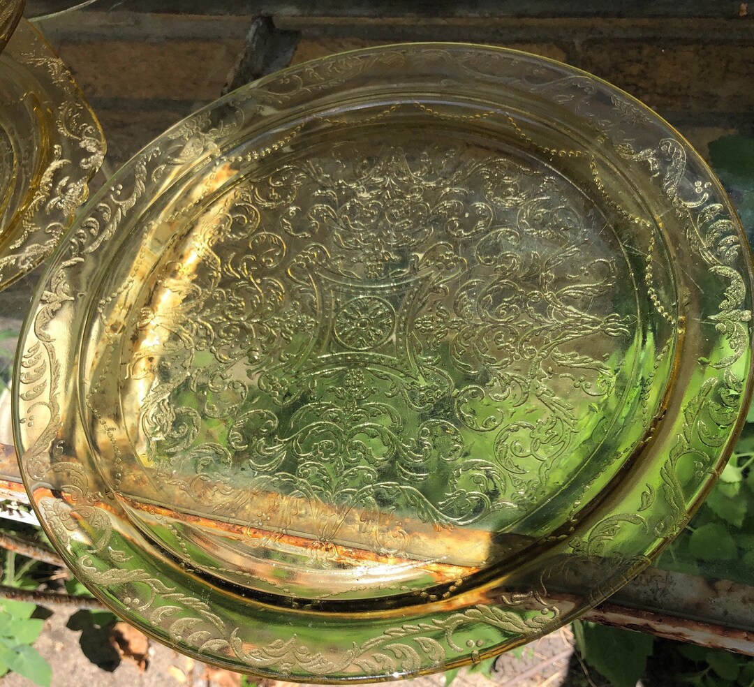 Madrid Amber Gold Depression Glass Fire King Cake Plate 11 1/2 Inches