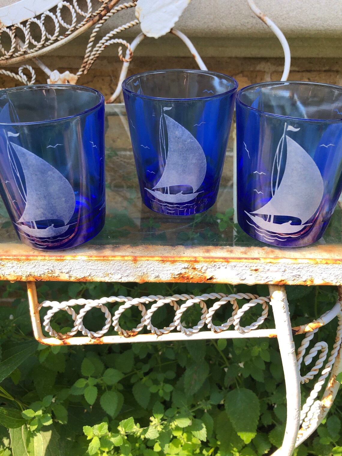 Cobalt Blue Glasses With White Sailing Motif 1930s Vintage Etsy