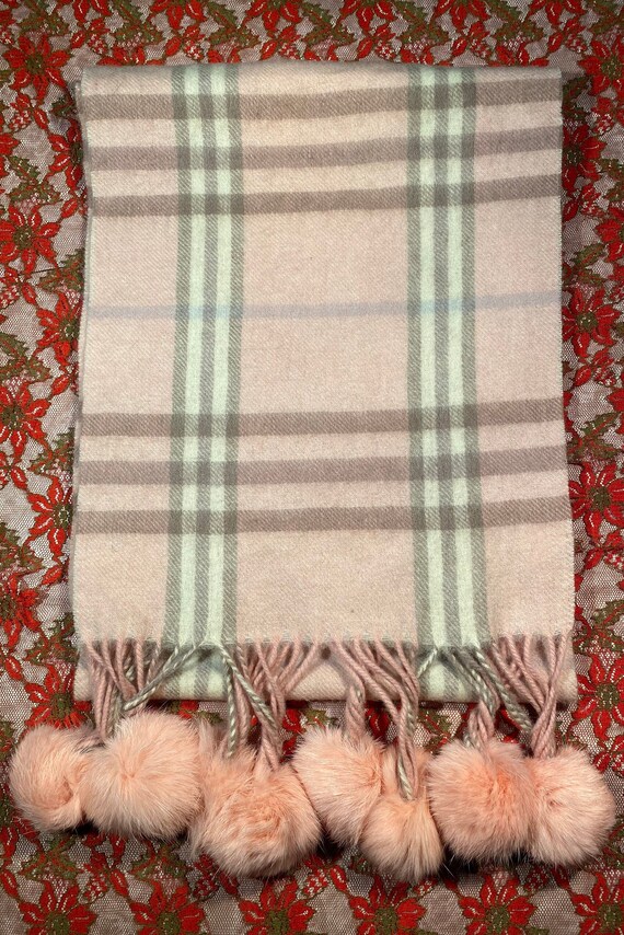 Light pink plaid wool & cashmere scarf with real f