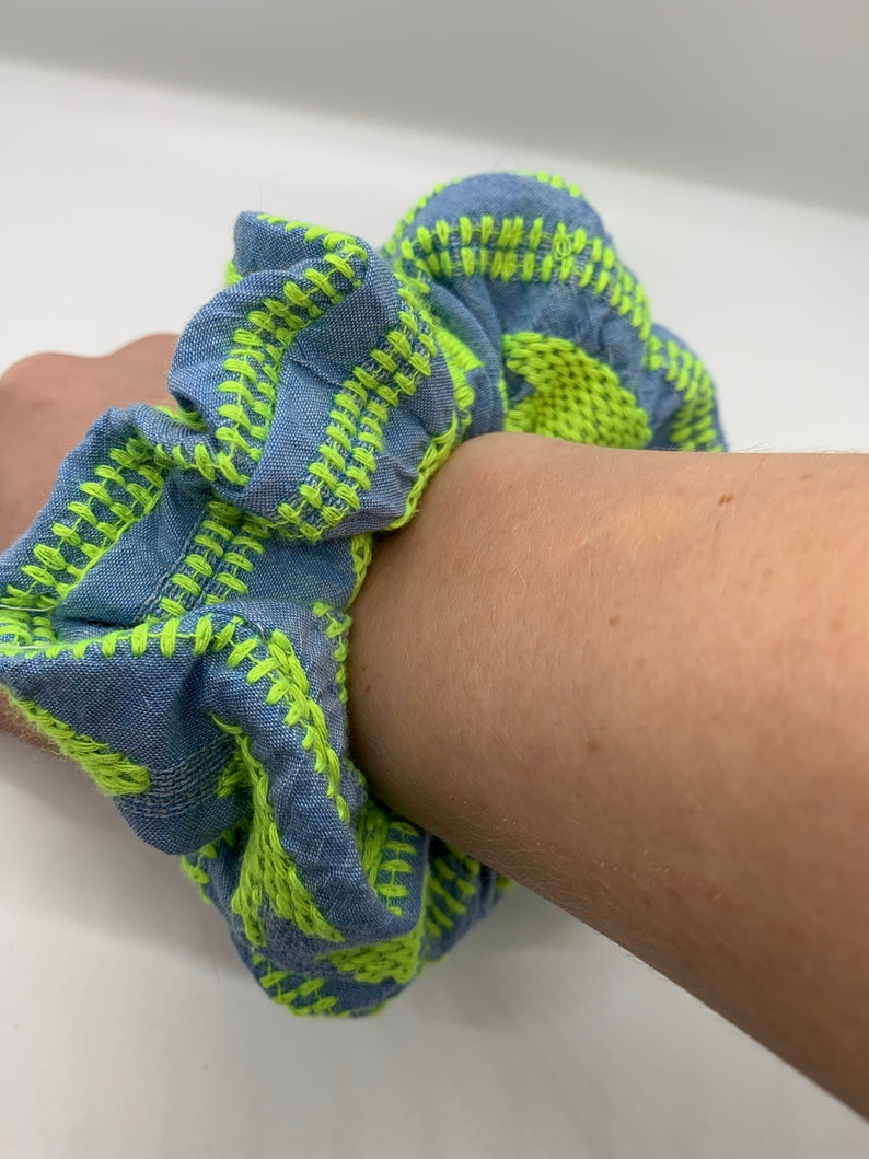 Green and Blue Denim Scrunchie