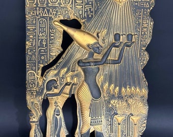 Akhenaten and his family painting-Akhenaten make offering to sun god Atun-tell el Amarna-artistic mural-Egyptian replica-ancient Egypt myth