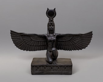 Favolosa statua nera di Iside, dea dell&#39;amore, della protezione, della bellezza, statua scolpita a mano, dea egizia.