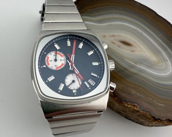 Brew Metric Chronograph Watch: Matte Navy Blue Dial, Retro 70s Style Stainless Steel