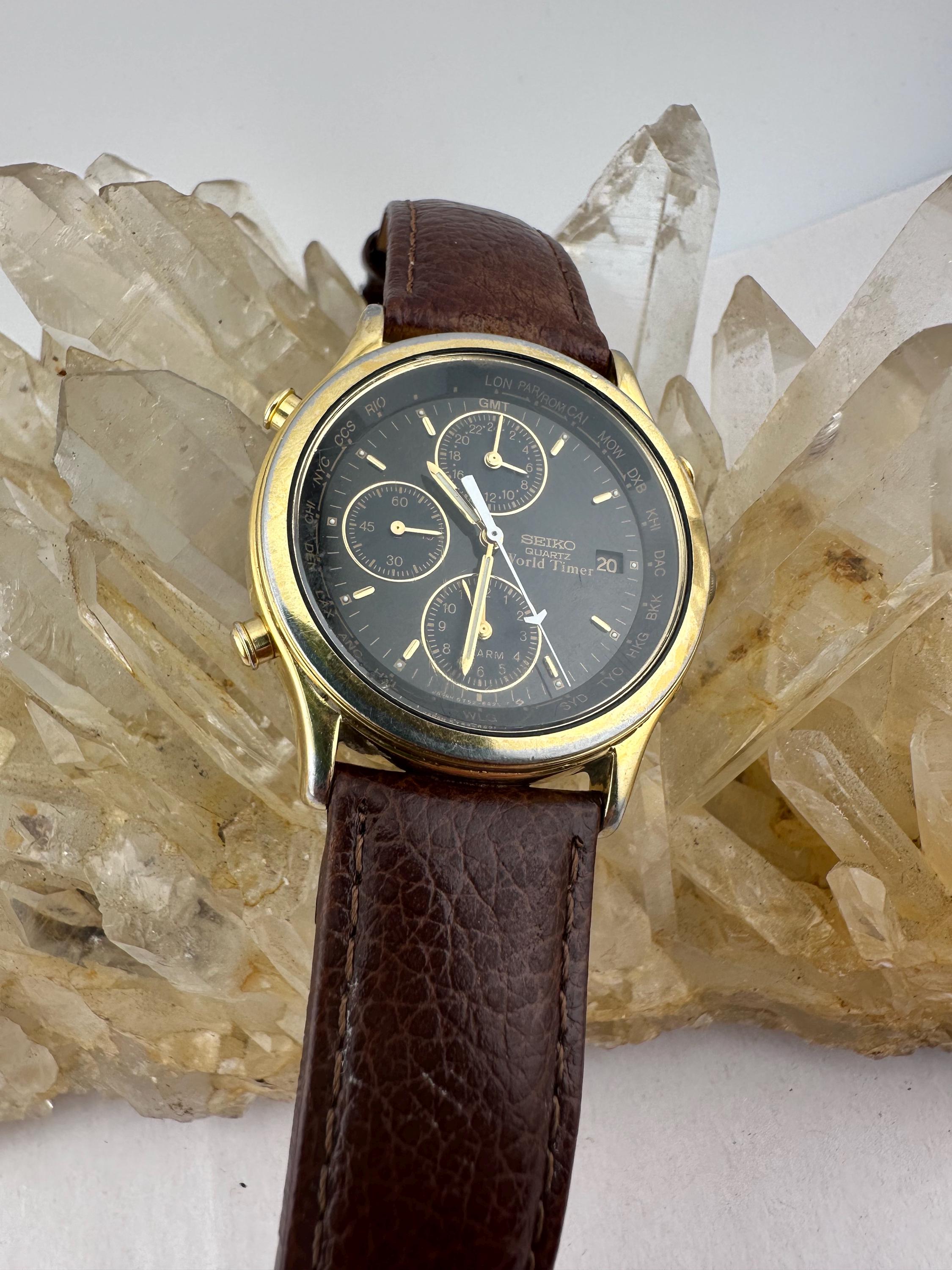 Vintage Seiko World Timer Alarm Quartz 37mm Wristwatch 5T52-6A39 New Battery Rare!! Seiko World Timer Chronograph Gold Filled Quartz VTG  main image 4