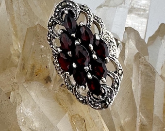 Vintage Art Deco 925 Sterling Silver Marcasite & Simulated Garnet Crystal Cluster Ring Size 6.5-6 3/4
