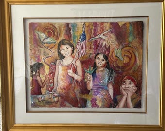 Original Signed Greg Adamson Mixed Media Painting on Deckle-Edge Paper – Framed