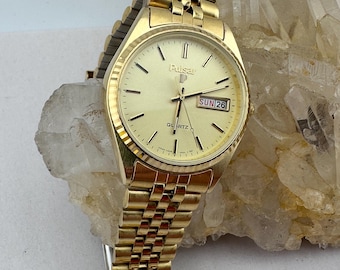 Seiko Pulsar Watch Men 34mm Champagne Dial Gold Tone Daydate V348-8009 New Batt Nice! 6 1/2” Wrist