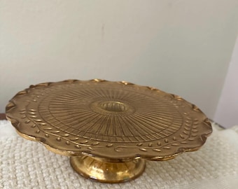 Vintage Gold Leaf Painted Glass Elegant Cake Stand! A Beauty! 10”Vine Design