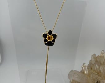 RISIS vintage 24K gold dipped orchid pendant necklace black enamel lariat bolo slider chain flower adjustable long