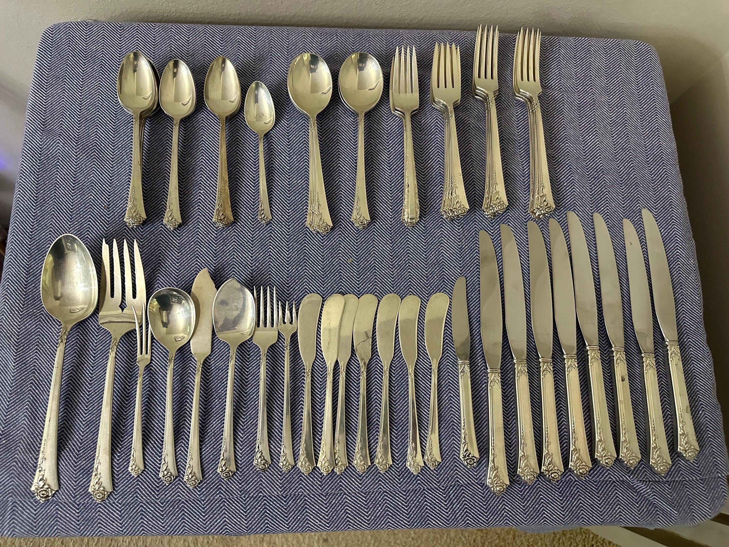 59 Piece Heirloom Sterling Silver Damask Rose Pattern Silverware Set - Etsy